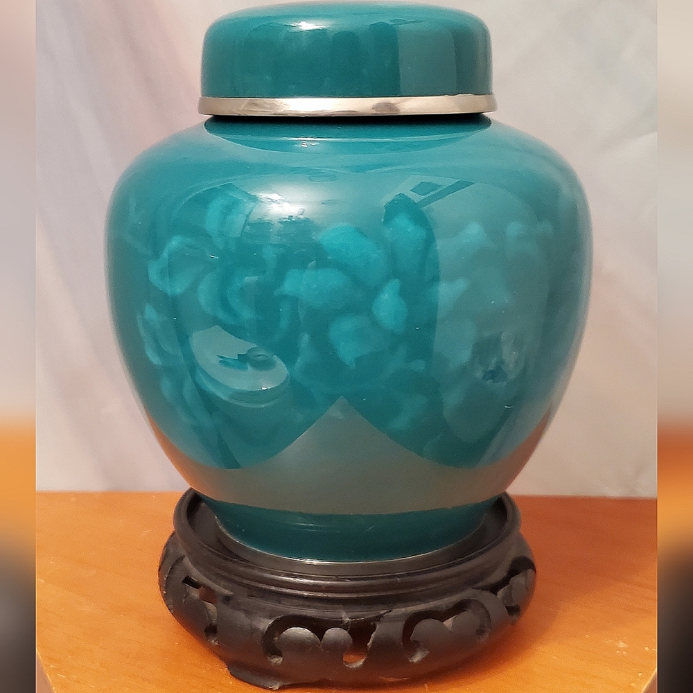 Japanese Cloisonne 6" Ht Dark Jade Scrollwork Wireless Vase attrib. Ando Jubei